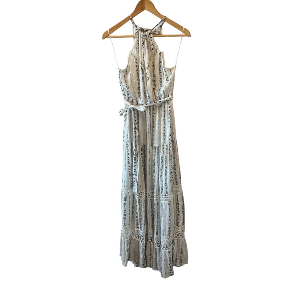 DEX White & Black High Neck Tie Back Sleeveless Long Maxi Boho Dress XS